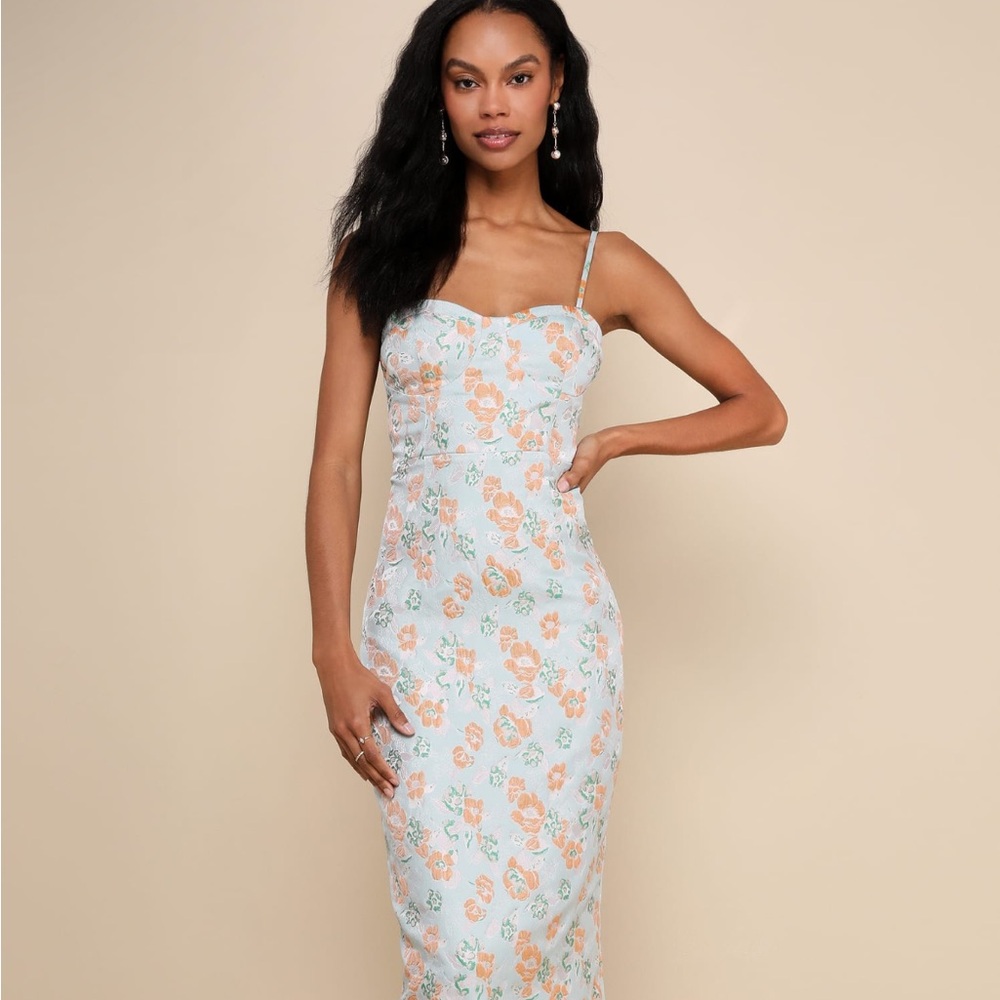 Lulus Enviable Aesthetic Light Blue Floral Jacquard Bustier Midi Dress